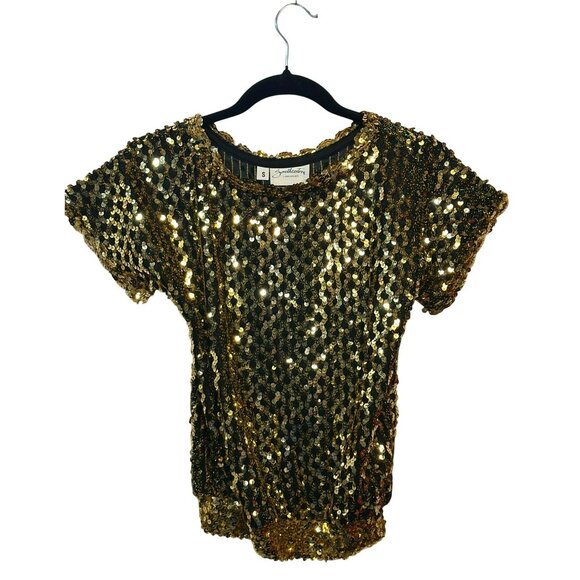 VTG Southeastern Gold Sequin Beaded Top Women Small 17"x21" Sparkle Disco Party - Picture 1 of 10